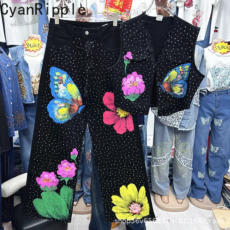 

Fashion Lady Spring Summer Women Sets Hot Diamonds Butterfly Printed Sleeveless Vest Coat + High Waist Casual Straight Jeans