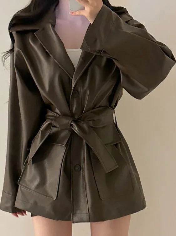 패셔너블 시크 롱 스탠드 칼라 PU 가죽 재킷 여성용 2025 트렌디 스트리트웨어 한국 스타일 레귤러 핏 롱 코트