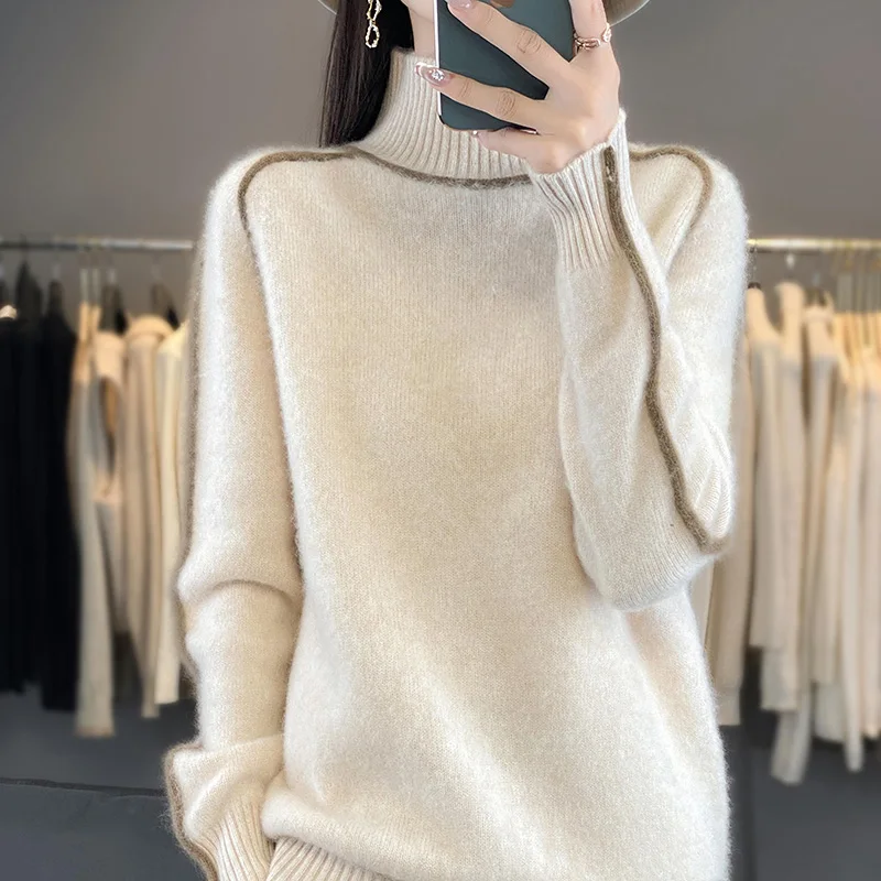 

New women's sweater for Autumn/Winter 100% Merino cashmere half-turtleneck pullover Warm bottom knit shirt with straps