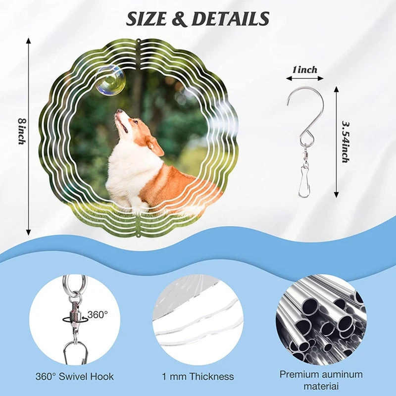 Spinner angin sublimasi 8 inci, dekorasi taman luar ruangan, Spinner angin gantung 3D kosong untuk dalam ruangan dan luar ruangan