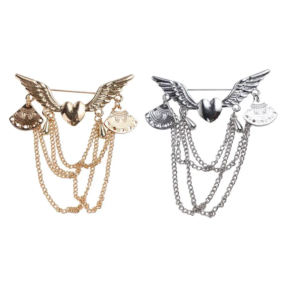 Trendy Men\'s Suit Angle Wing Heart-Shaped Chain Long Tassel Jewelry Fashion Accessories Brooch Pins Brooches