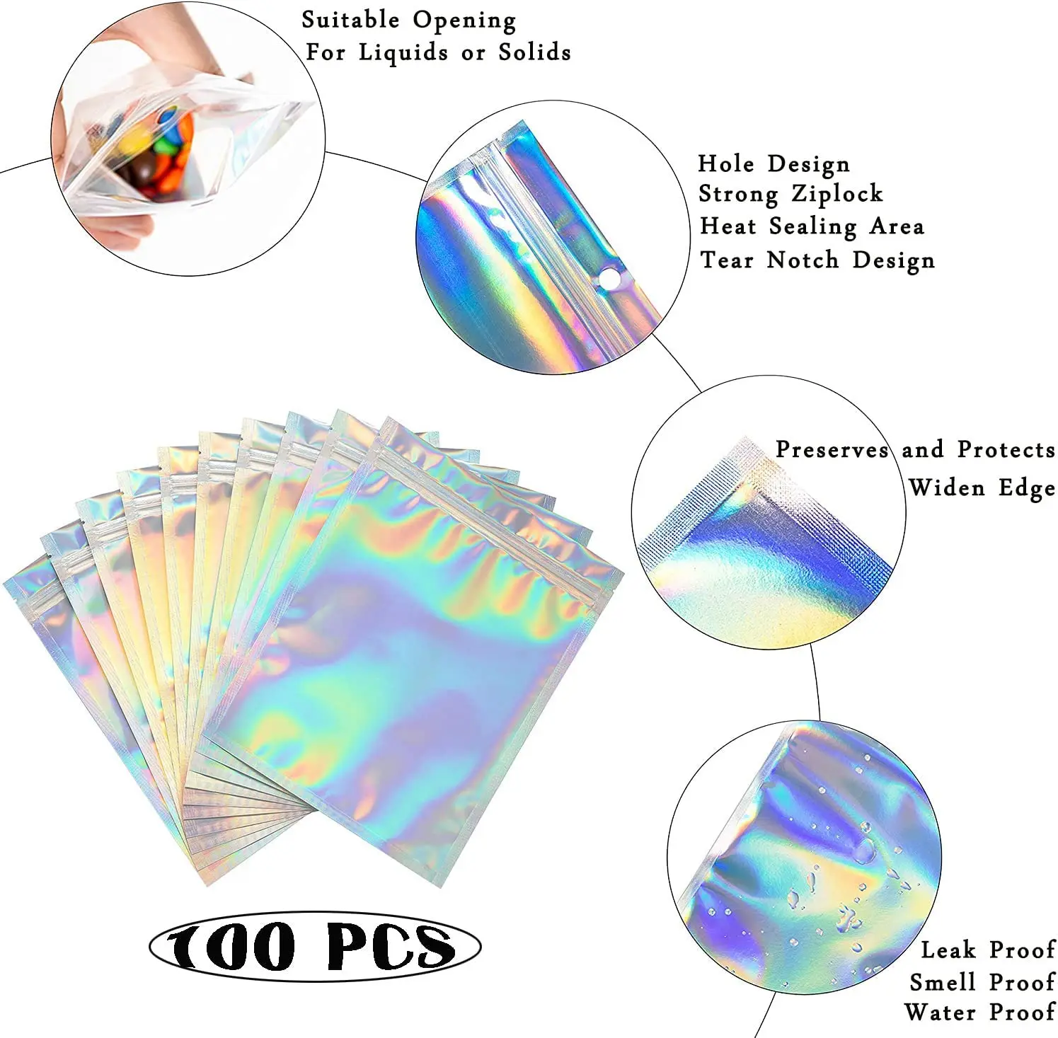 10Pc Smell Proof Mylar Bags Resealable Odor Proof Bags Holographic Packaging Pouch Bag With Clear Window For Food