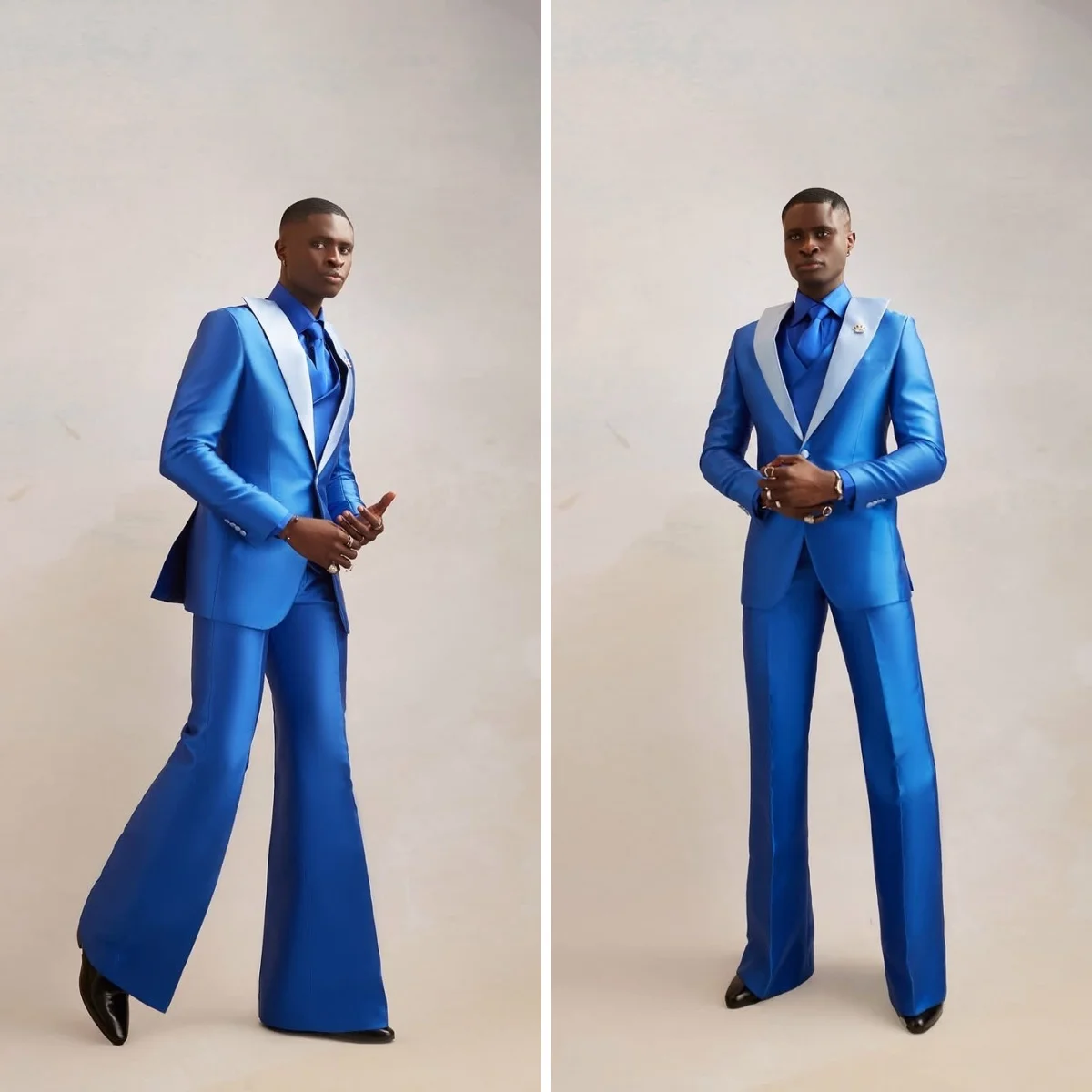 Satynowy garnitur męski 3-częściowy: marynarka + kamizelka + spodnie, smoking ślubny, formalny, zapinany na guziki, jasnoniebieski, do biura, na studniówkę, szyty na miarę.