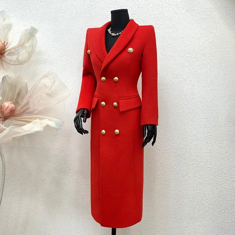 Red Woolen Coat Double Row Buttons Long Over-Knee Commute Thickened Waist-Cinching Slimming Women's Fashion Korean Style