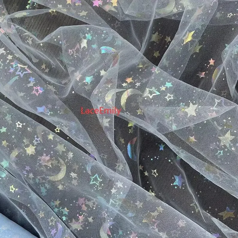 Glitter Star moon lace fabric Colorful star moon Soft Tulle lace For Girl Dress Tutu Dress Wedding Dress Bridal Veil 1 Yard