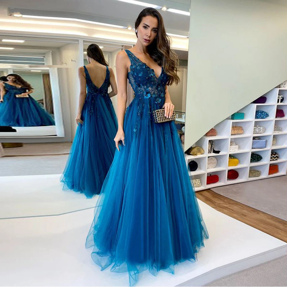 BridalAffair V-ausschnitt Royal Blue Prom Kleid 2022 Mode Tulle Appliques Ärmelloses Party Kleider Lange Abendkleider Roben De Soirée