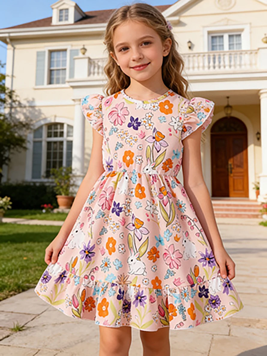 Oster-Hasen-Blumenkleid für Mädchen, Sommerkleid mit Flatterärmeln und A-Linien-Prinzessinnenrock, Süßes Kinder-Urlaubskleid – Detail 3