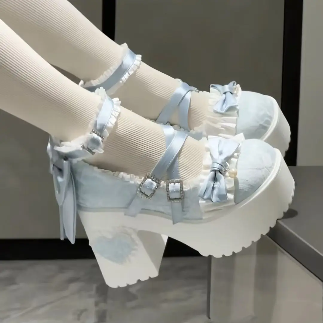 لوليتا لطيف الحلو صندل بكعب مكتنز أحذية النساء الدانتيل جولة تو أنيقة ماري جين أحذية الفتيات لوليتا تنوعا أحذية عالية الكعب