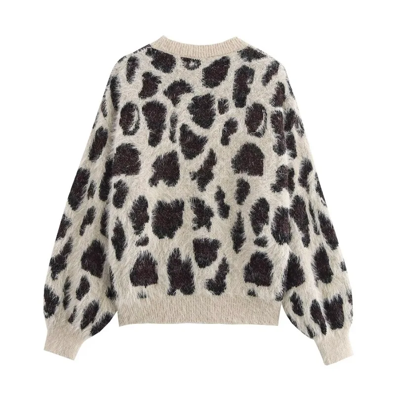 TRAF ZR Cozy Sweaters American Retro Leopard Print Pullovers Long Sleeve Sweaters Flocking Pullovers Ladies Autumn Sweater