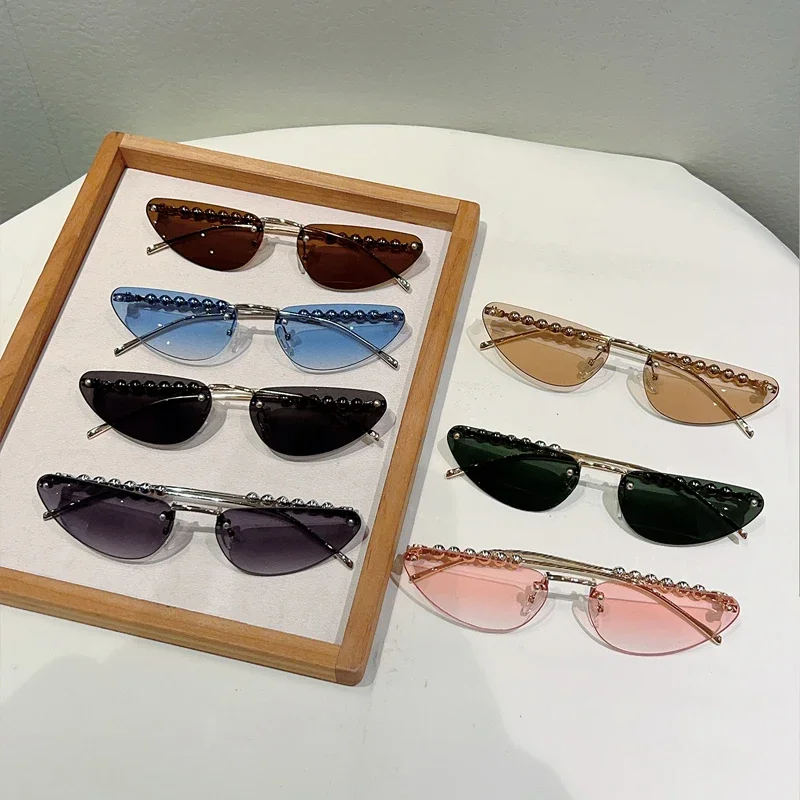 GM LUMIAS Randlose Dreieck Sonnenbrille mit Perlen Frauen Neue Mode Vintage Casual Sonnenbrille Trendy Marke Design Dekor Shades – Detail 4