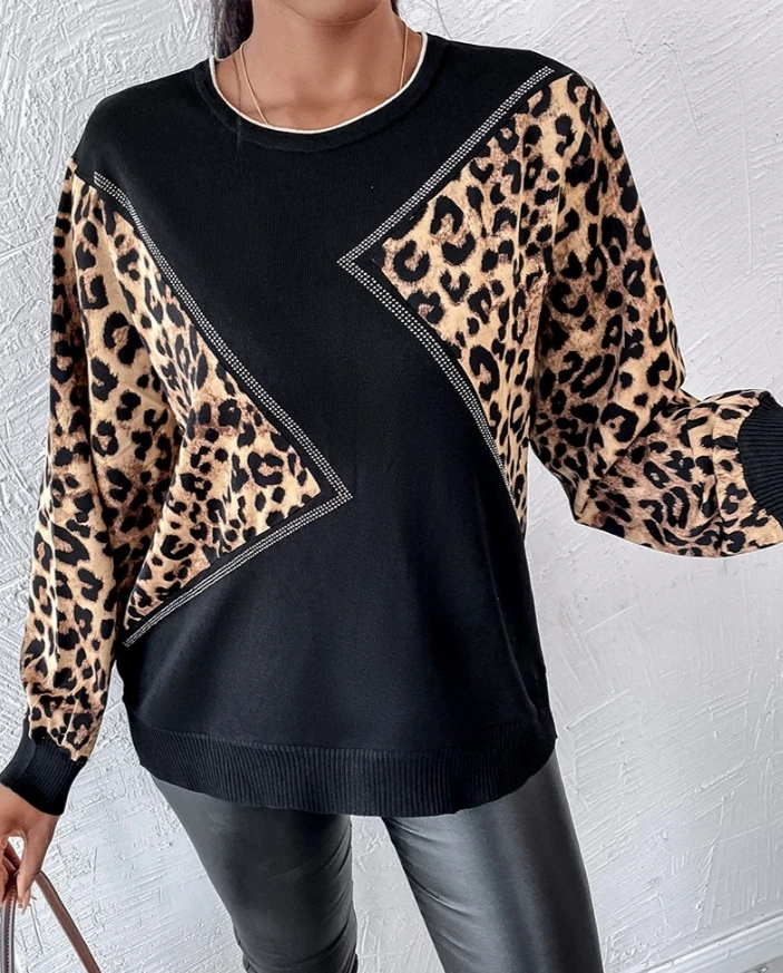 

Winter Hot Selling Casual Leopard Print Knitted Rhinestone Design New Round Neck Long Sleeved Loose Fitting Women's Pullover