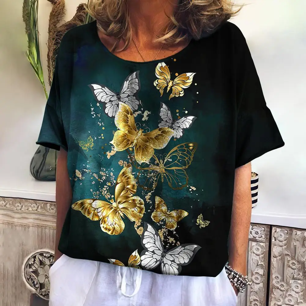 Retro Women\'s T Shirt Butterfly Print Pullover Tees O Neck Short Sleeve Blouse Female Y2k Clothing Tops Summer Daily Sweatshirt