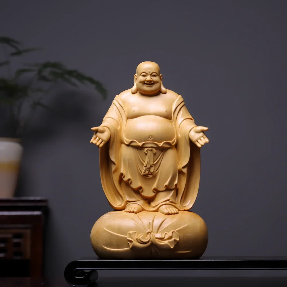 Hinoki Wood Hand Carved Laughing Smiling Buddha Statue - Maitreya Happy Fat Buddha Figurine Ornament Feng Shui Home Office Desk
