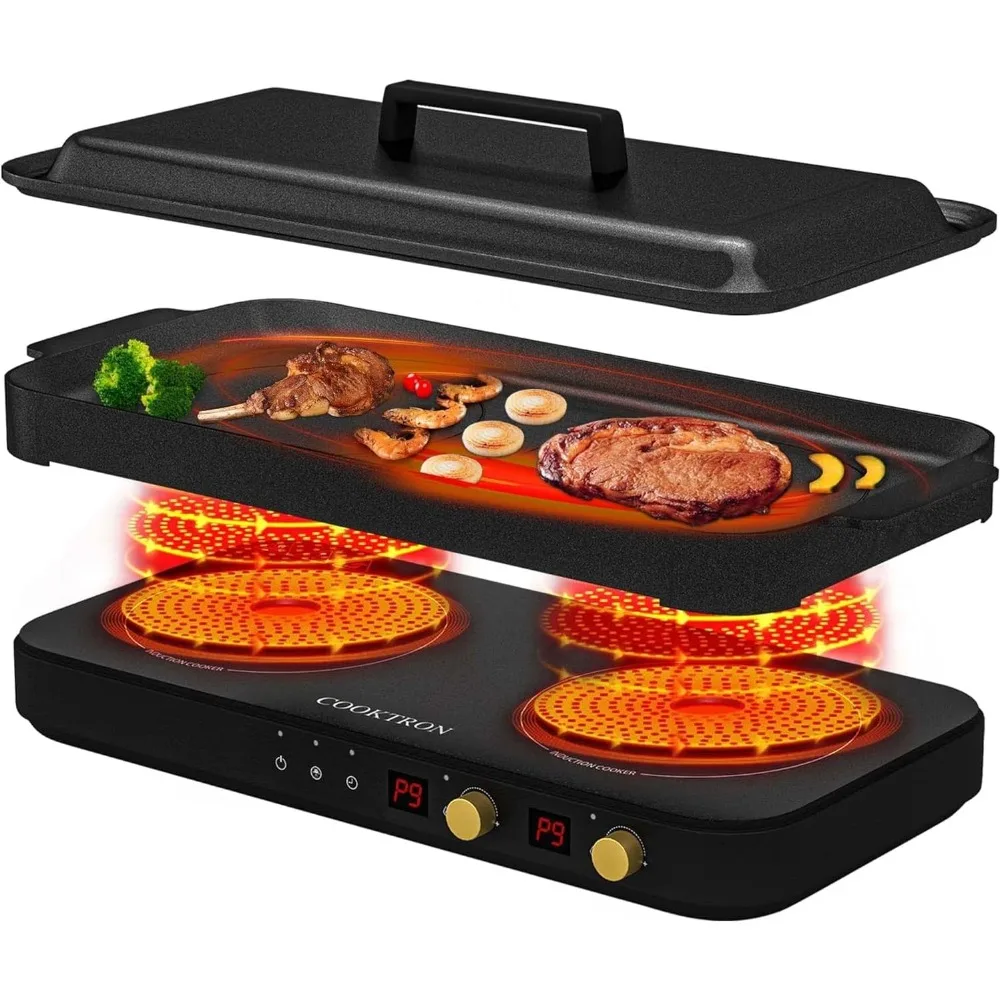 

Portable Induction Cooktop 2 Burner with Removable Iron Cast Griddle Pan Non-stick, 1800W Double Induction Cooktop