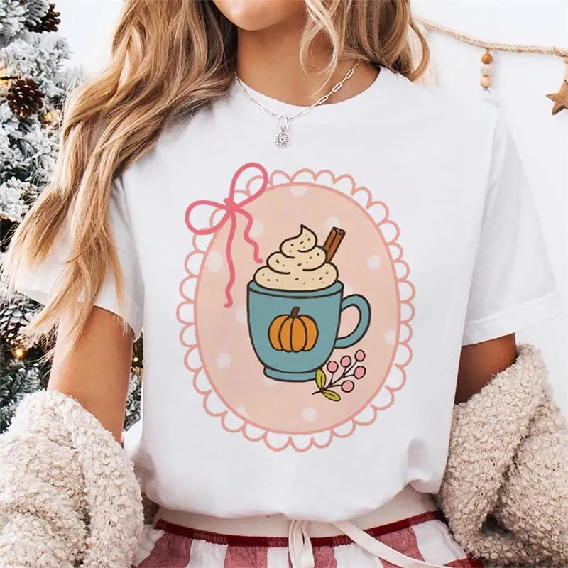Pumpkin Spice Latte with Bow Graphic T-Shirt Women's Fall Beverage Top Short Sleeve Casual Round Neck Cute Pattern Printed Tee