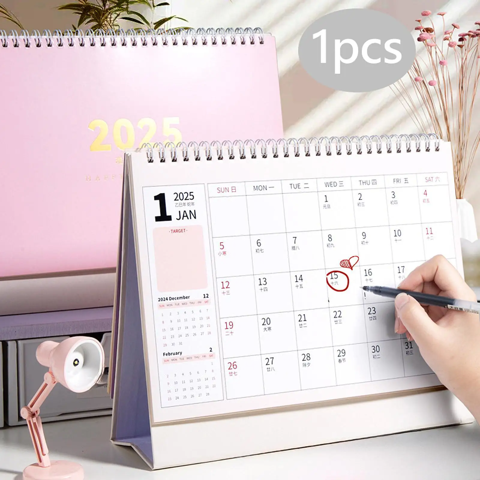 

2025 Desktop Stand up Calendar Daily Monthly Planner 10x3.1x8.4inch with Coil Purple Cover Multifunctional