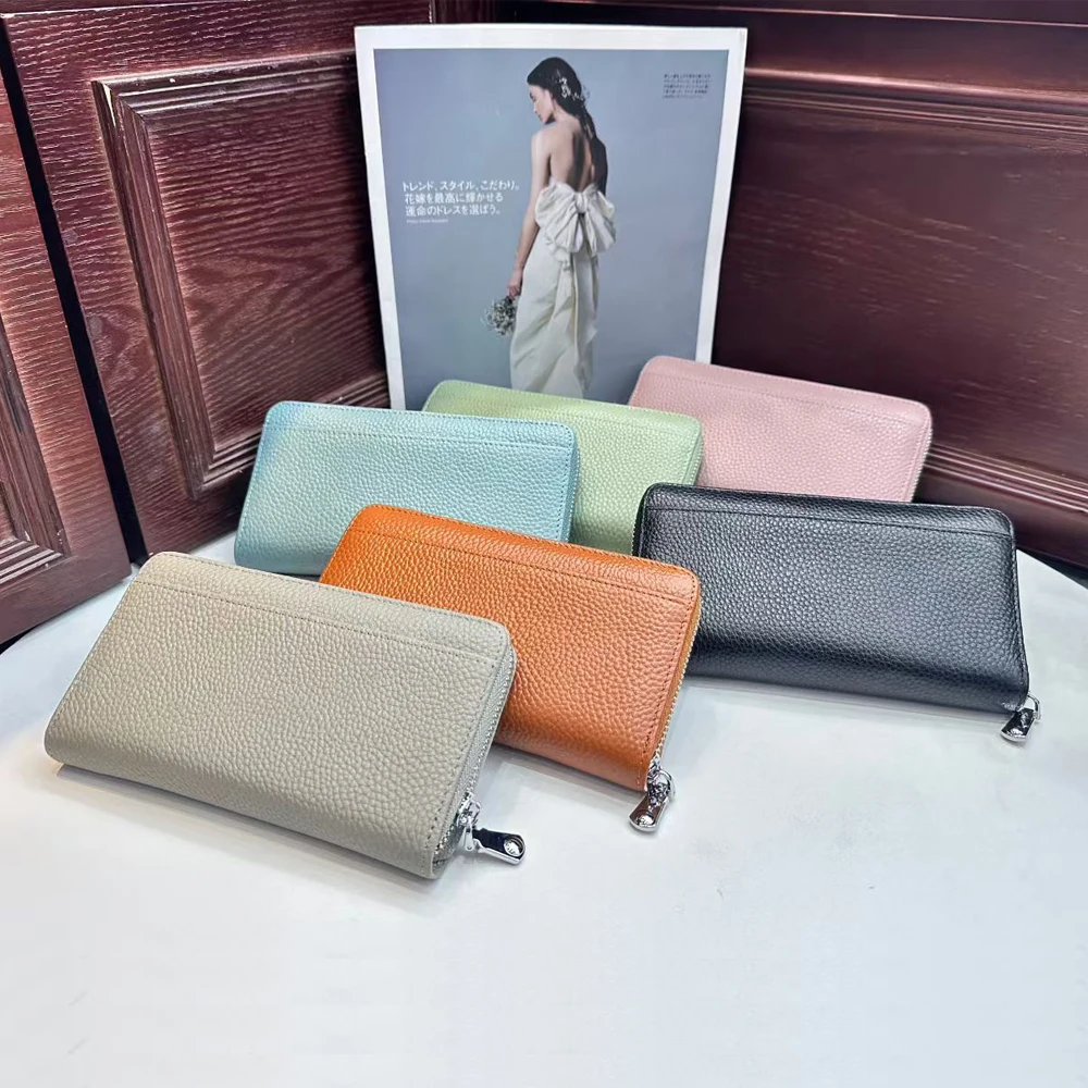 Large Capacity Women's Slim Long Genuine Leather Wallet Zipper Coin Purse Card Bag All Match Clutch Wallet Card Holder Money Bag