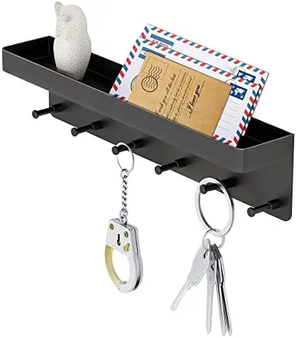 

MKO Key Holder Wall Mount with Mail Tray & 6 Hooks – Black