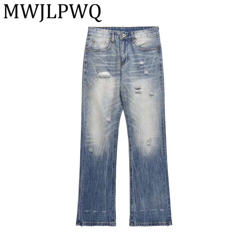 

MWJLPWQ Рваные джинсы с американским градиентом, мужские свободные прямые длинные брюки High Street Vibe, модный дизайн Y2K, 12110