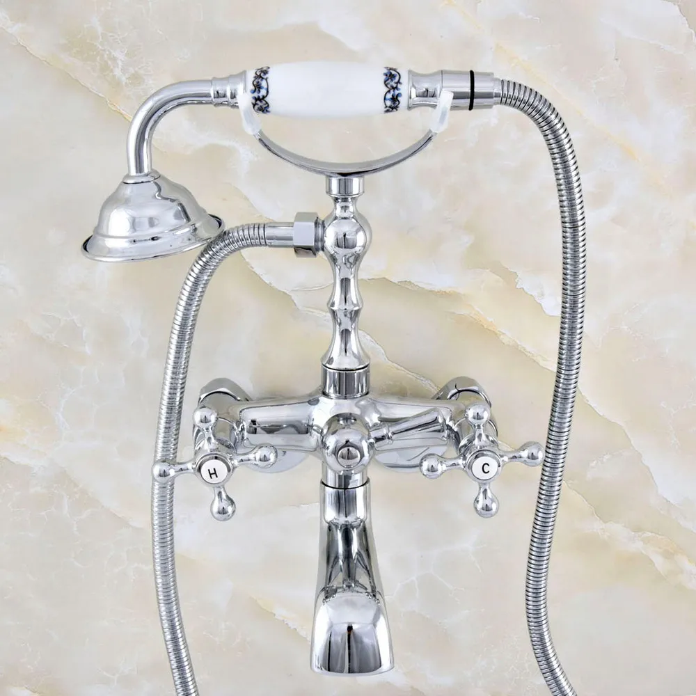 

Polished Chrome Brass Claw-foot Bathtub Faucet Wall Mounted Tub Filler Handheld Shower - Adjusts From 3-3/8" aqg418
