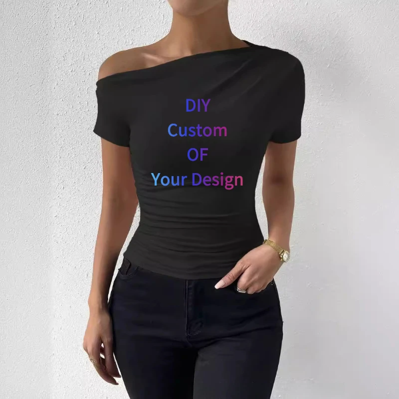 DIY Customized The Logo Picture Women's Off-Shoulder Pleated Short-Sleeve T-Shirt Summer Fashion Casual Slim Fit Streetwear Top