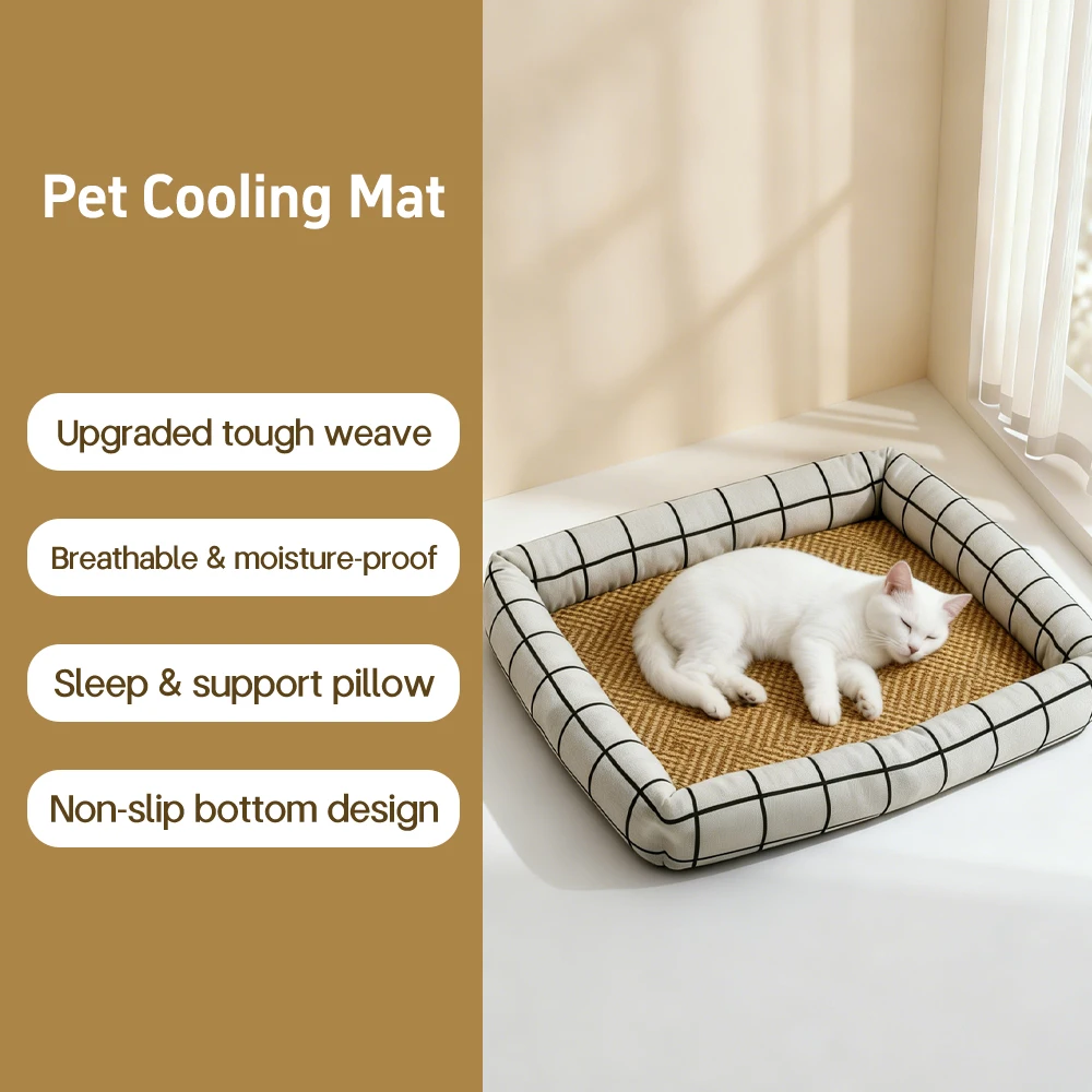 Quadratische Kühlmatte für Haustiere, Sommer-Katzenbett, Hundebett, Kühlmatte für Haustiere, Haustier-Rattanmatte, kratzfest, kühles Haustierbett