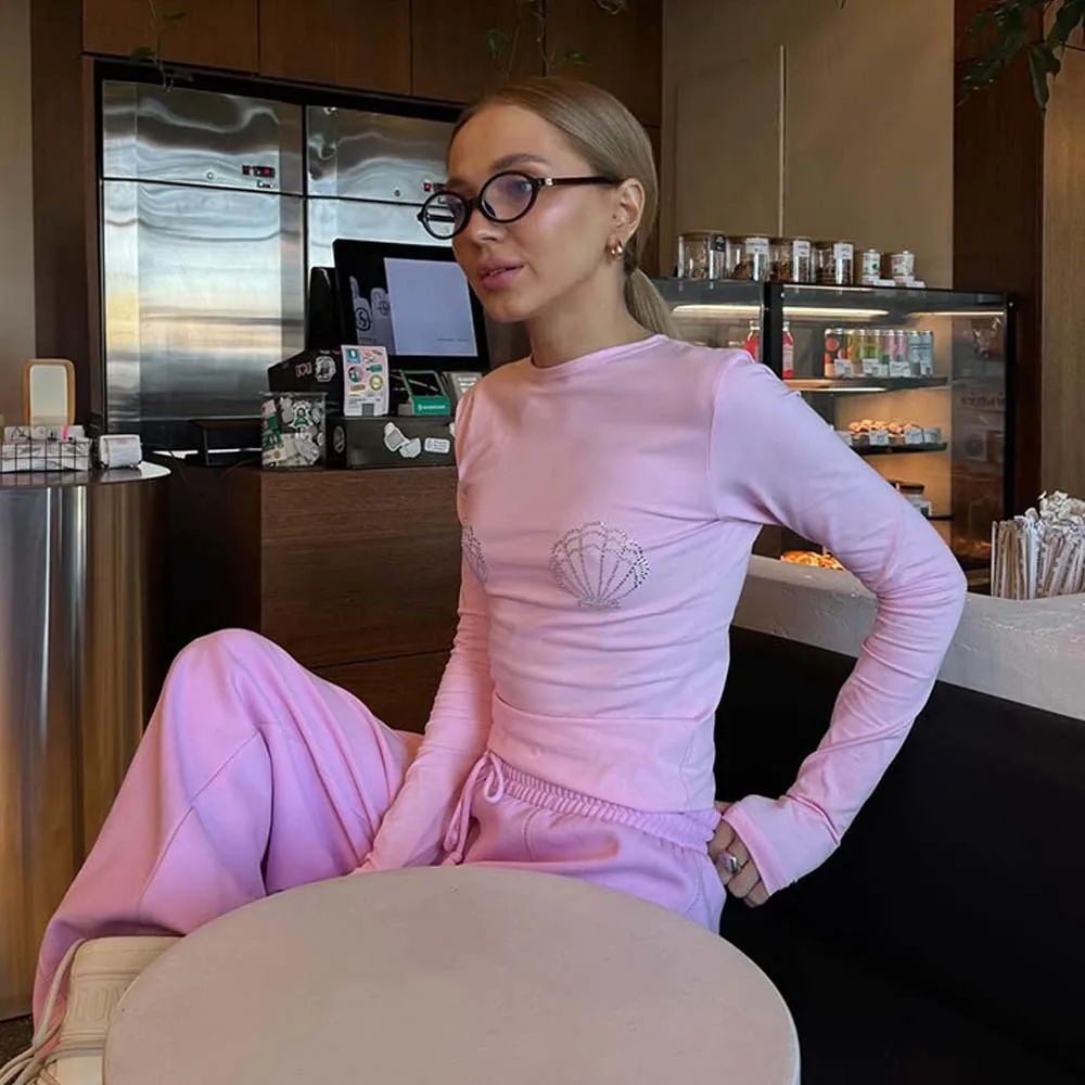 2025年夏新作 INS風小さめトップス ラウンドネック ラインストーン スリムフィット 長袖 ストリートスタイル Tシャツ