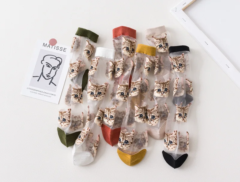 Frauen Transparent Nette Katze Socken Kawaii Damen Japanische Mode Koreanische Trendy Sommer Dünne Kristall Seide Socke Glasfaser Strumpf – Detail 10