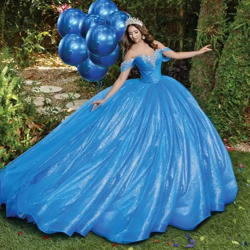 Abito da ballo personalizzato blu lucido Abiti Quinceanera con spalle scoperte Perline Abiti da festa di compleanno 15 De Anos Abito dolce 16