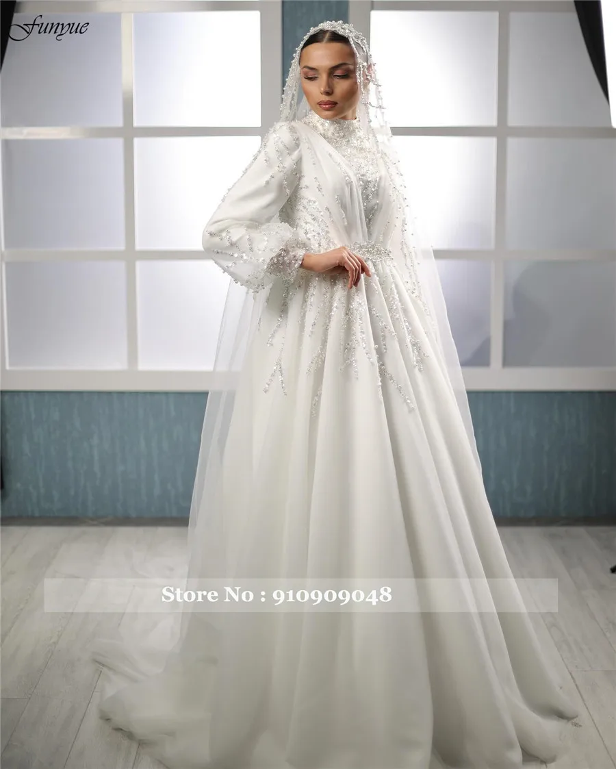 2025년 신부를 위한 펀유 히잡 무슬림 럭셔리 웨딩드레스, A라인 진주 비딩 스쿠티아 슬루브나 긴팔 신부 드레스 신상품