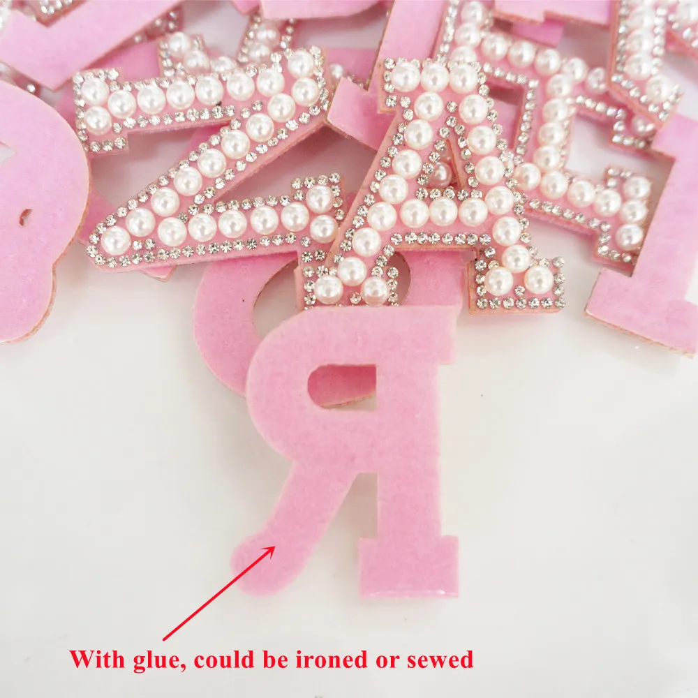 Pink A-Z Rhinestone Pearl English Letter Alphabet Iron Sew On Patch Badge 3D Handmade Patches Bag Hat Jeans Clothes Applique DIY