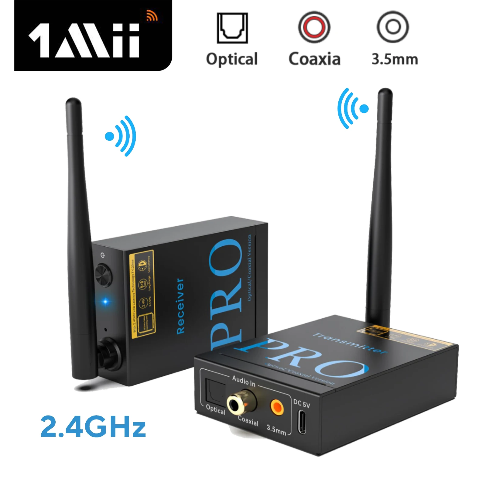 جهاز إرسال واستقبال الصوت اللاسلكي 1Mii 2.4 جيجا هرتز، 192 كيلو هرتز/24 بت صوت HiFi، زمن انتقال منخفض 20 مللي ثانية، منافذ بصرية/محورية/RCA-RT5066pro