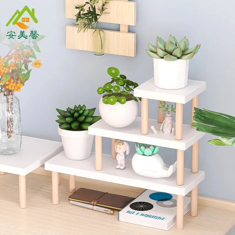 Desktop small flower rack indoor office desk plant flower rack solid wood small storage rack balcony window sill wooden rack