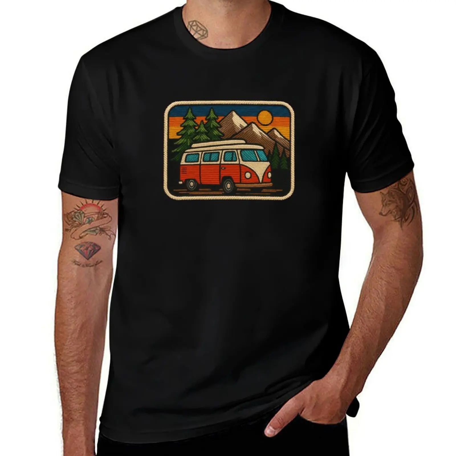 

Vintage Camper Van Patch Design with Mountains and Sunset T-Shirt sublime T-shirts man clothing for men