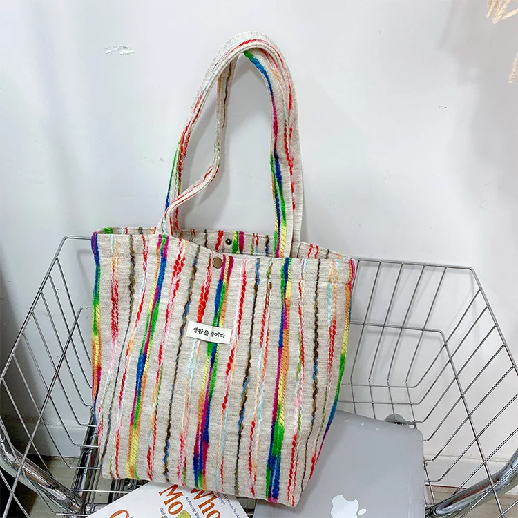 2024 New Rainbow Stripes Contrasting Color Canvas Shoulder Bag Fashionable Simple Tote Bag