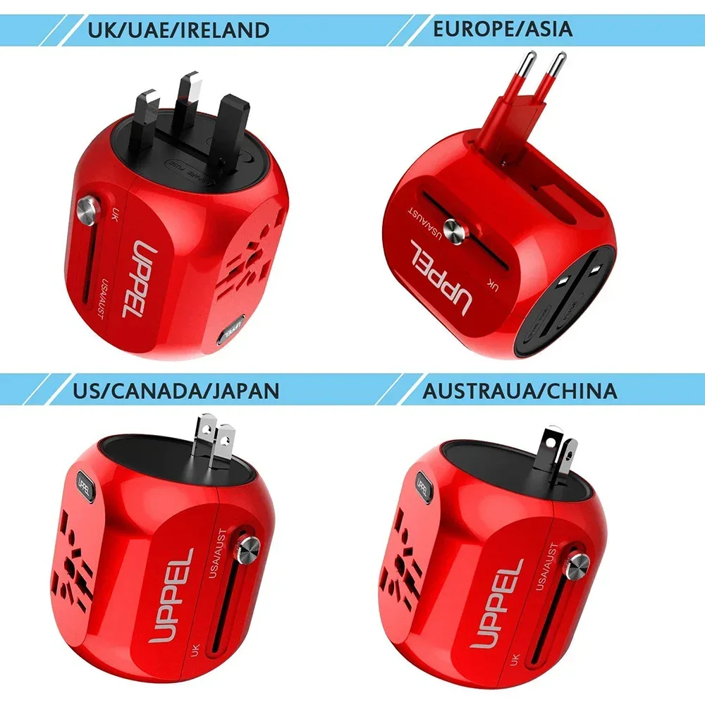 UPPEL Adaptor Travel Universal US/UK/AU/EU Konverter Beberapa Plug Cepat QC3.0 Tipe C Pengisi Daya USB 3 Port Adaptor Daya Eropa
