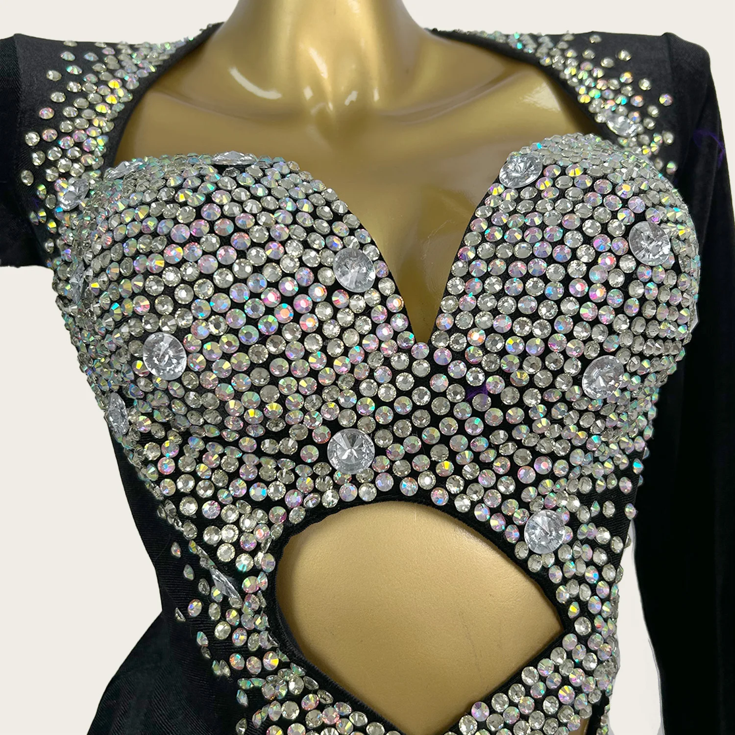

Elegant Black Asymmetrical Short Dress Jazz Dance Stage Performance Wear Event Hollow Out Sparkly Rhinestone Show Outfit Heiyinv