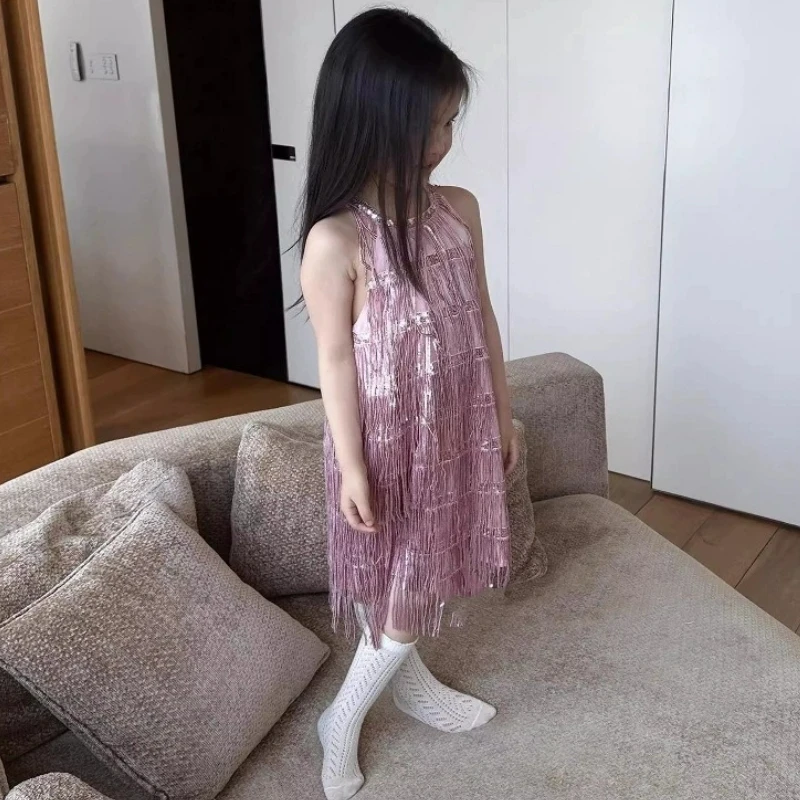 Girl Bohemian Fringe Vest Dress Birthday Princess Dress Street Style Children's Performance Dance Travel Outfit