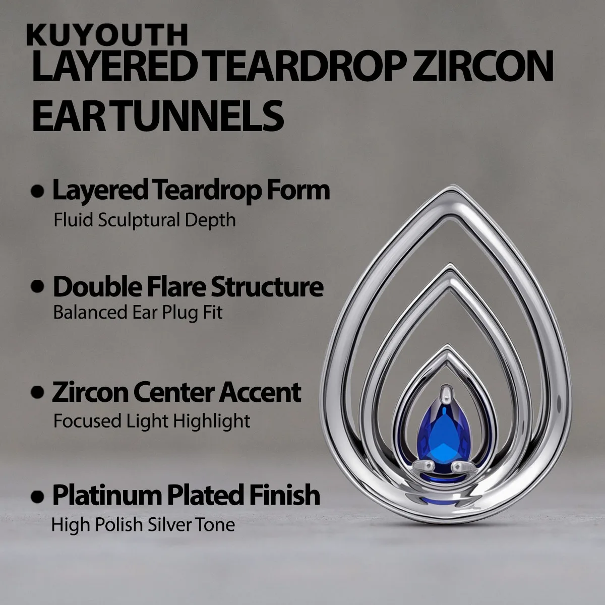 KUYOUTH 2 Stück blaue Zirkon-Ohrstecker, geschichtete tropfenförmige Dehner, Piercing-Schmuck – Detail 1