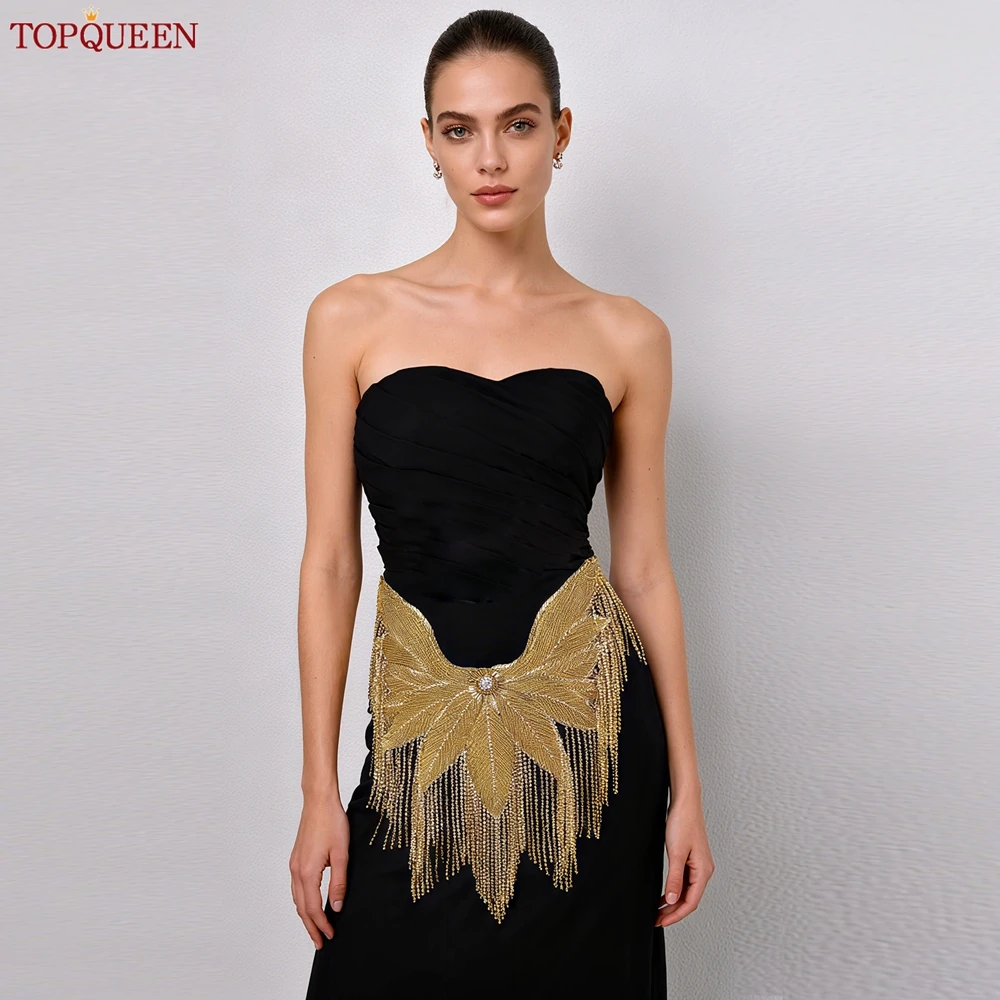 TOPQUEEN Luxury Gold Rhinestone Fringe Applique for Dance Costumes, Suits, and Coats Handmade DIY Sewing/Iron-On Patch SP59