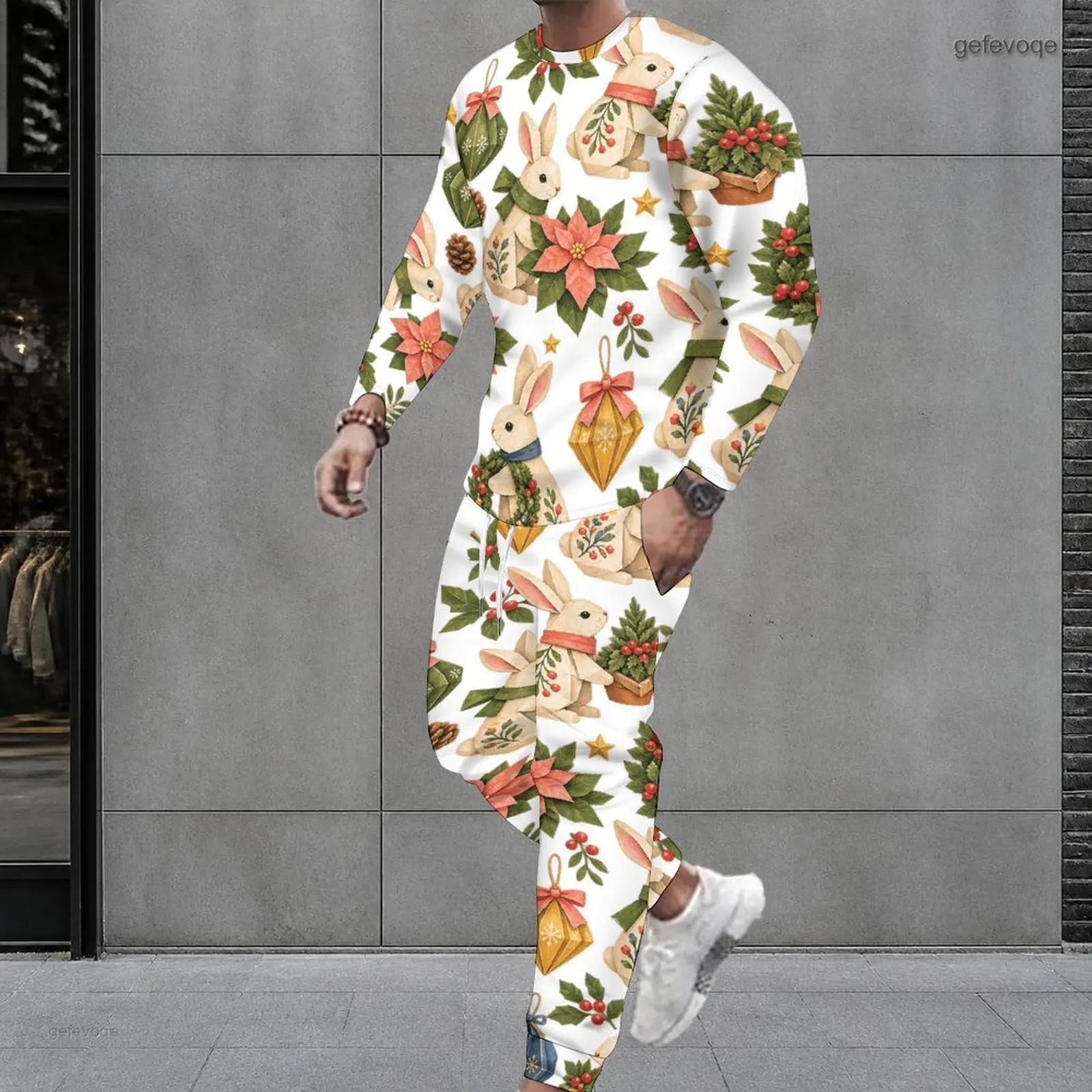 Men Christmas Bunny Printed Round Neck Long Sleeve Top and Cuffed Pants 2 Piece Set