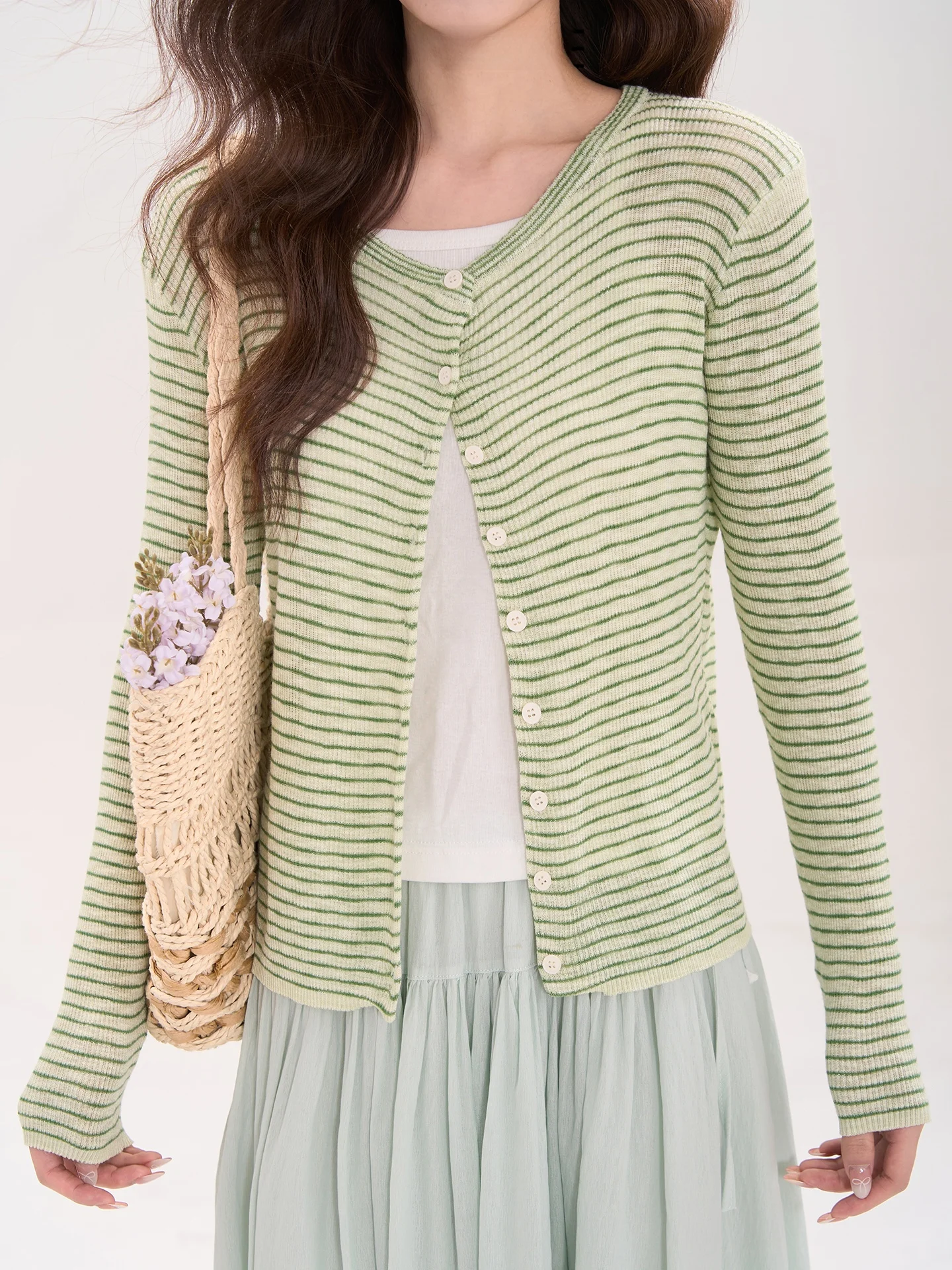 

Вязаный кардиган с зелеными полосками Spring Green Stripes, женский топ с длинными рукавами, Heme Lemon Soda, корейский стиль, свободный крой, винтажный стиль