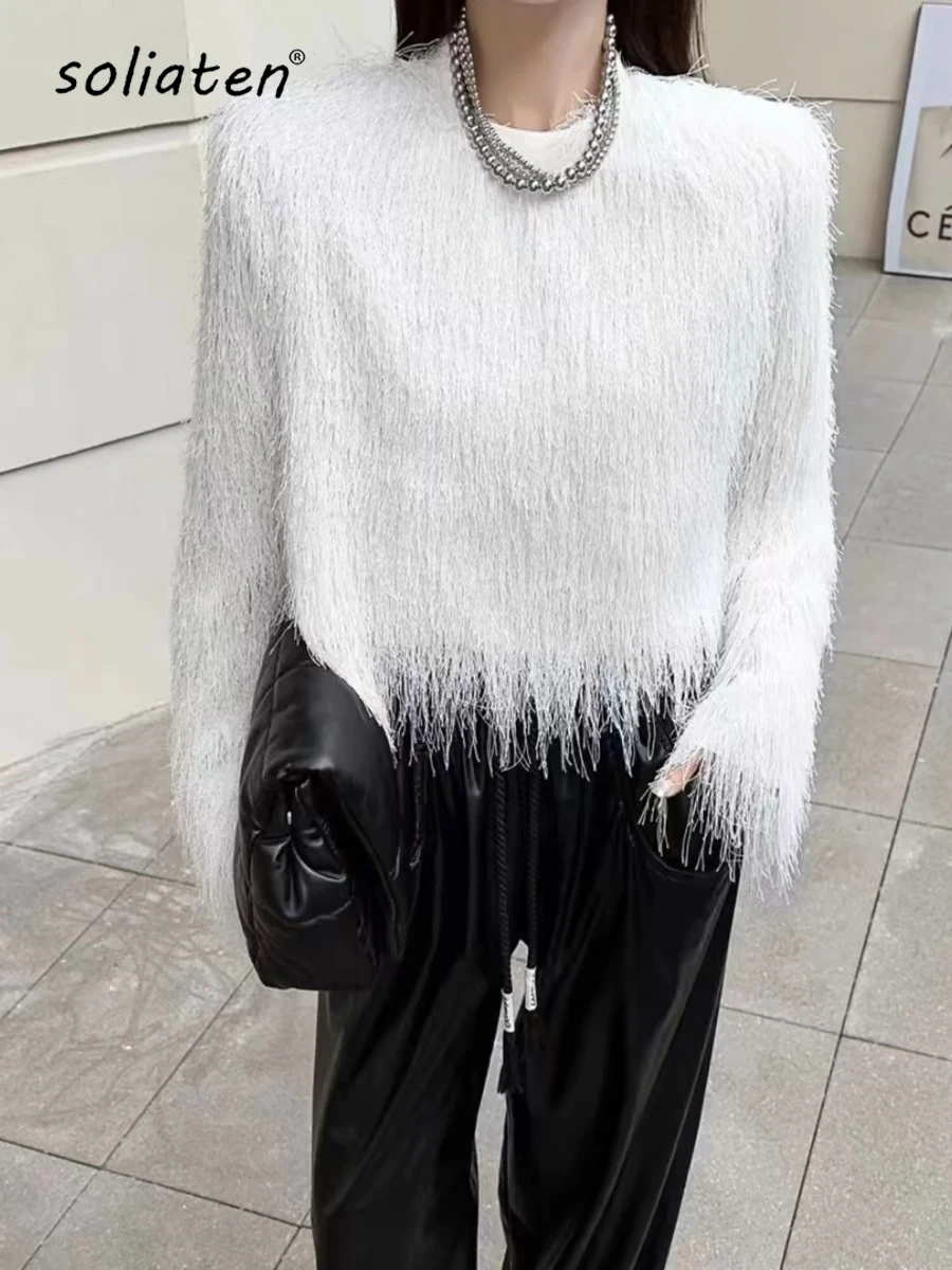 2025 Spring Women's Tassel Feather Female Short Knitted Sweater 00s 90s Y2k Cropped Tops Knitting Pullover Black White C-099