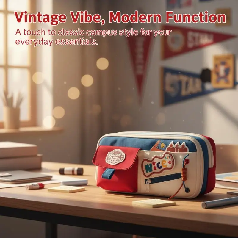 New Classic American Pencil Case Retro High Aesthetic Pencil Case Large Capacity Multiple Patterns Stationery Box For Students