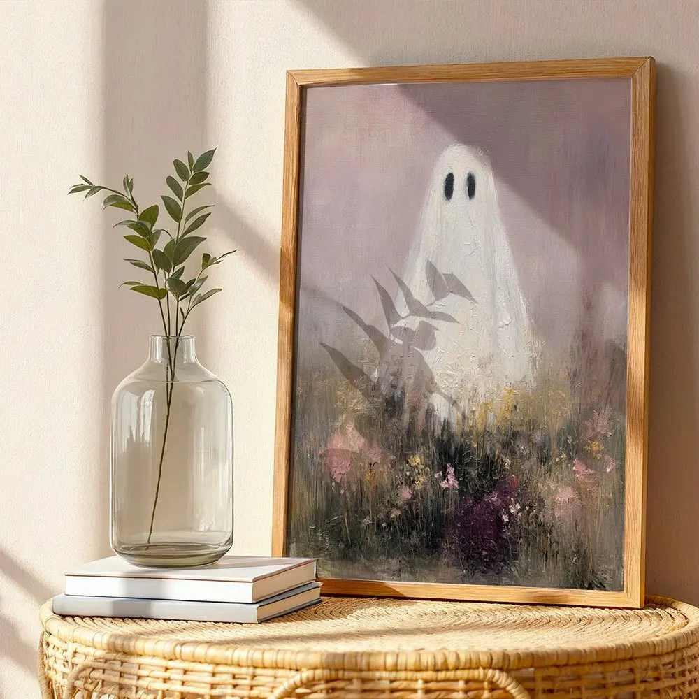 Vintage Wildflower Ghost Canvas Print, Soft Pastel Floral Ghost Halloween Oil Painting Poster, Unframed Canvas Wall Art Dark Aca