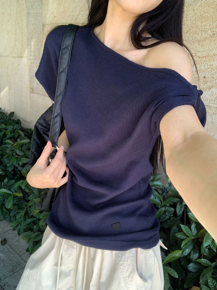 Skew Collar Off-shoulder T-shirts Women Slim Sexy Summer Street Style Harajuku Simple Lady Fashion Korean All-match Hotsweet Y2k