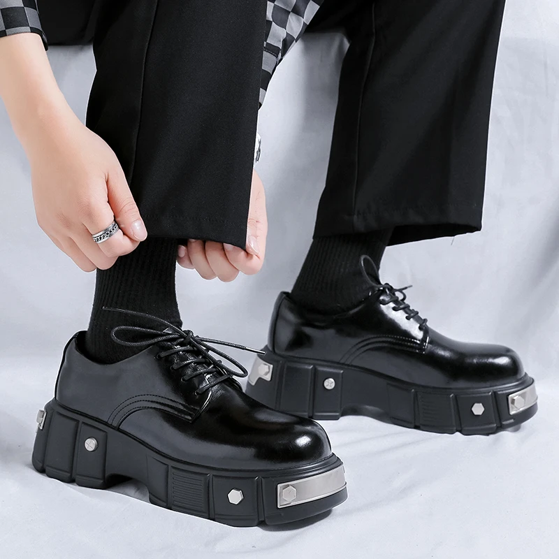 Hight Quality S/A New Street Style Black Teengers Daily Dress Patent Leather Height Increasing Shoes For Men's Metal Decoration