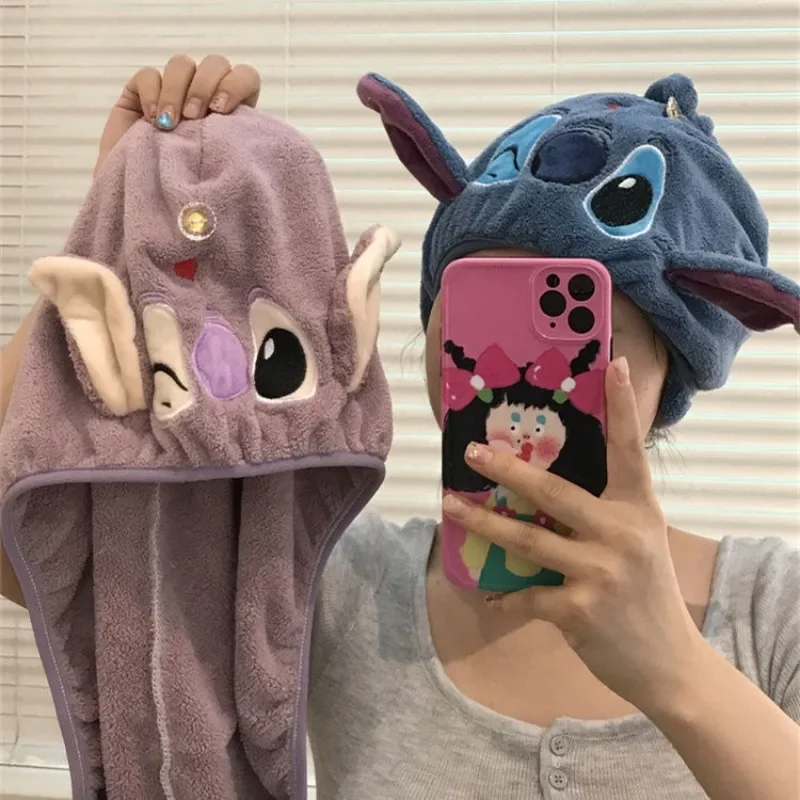 Disney Stitch Cute Coral Velvet Soft Absorbent Dry Hair Hat for Women Lilo & Stitch Fashion Cartoon Bag Headband for Home Use