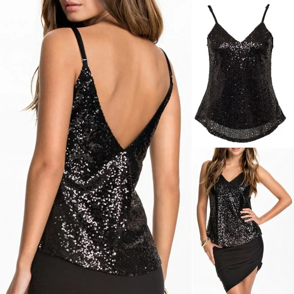 Women Sequined Party Tops Halterneck V-Neck Camisole CamiTops Sleeveless Vests Female Shimmer Camisole Lady Cropped Vest Elegant