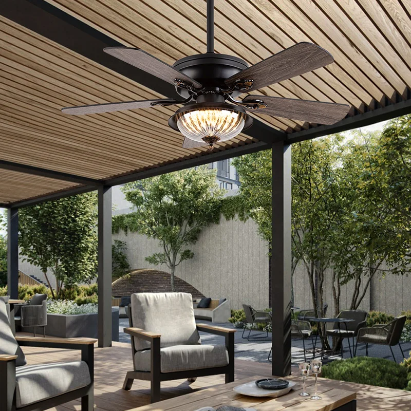 Outdoor Waterproof Sun Protection DC Motor 35W Ceiling Fans Glass House Courtyard Summer House Ceiling Fan Lighting